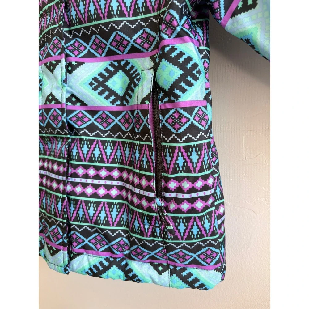 The Children's Place Girls XS 4‎ Puffer Jacket Geometric Purple Teal Hooded Coat